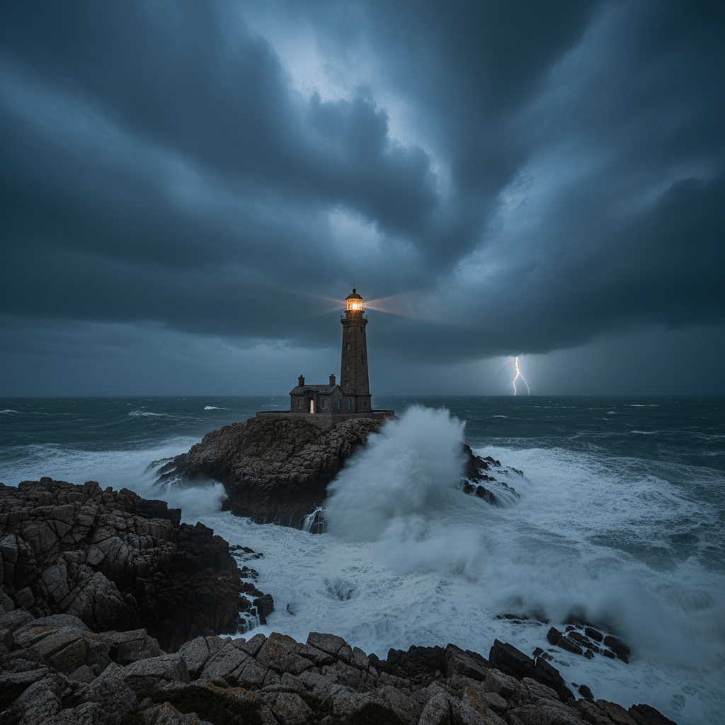 A lighthouse standing firm against a powerful ocean storm, resilience under pressure